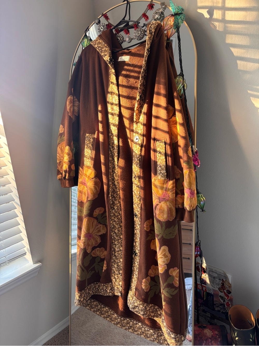 Free People Brown Floral Long Hooded Coat with Trim